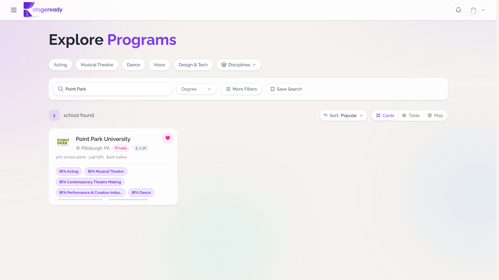 Program browser searched for Point Park University with one matching school card
