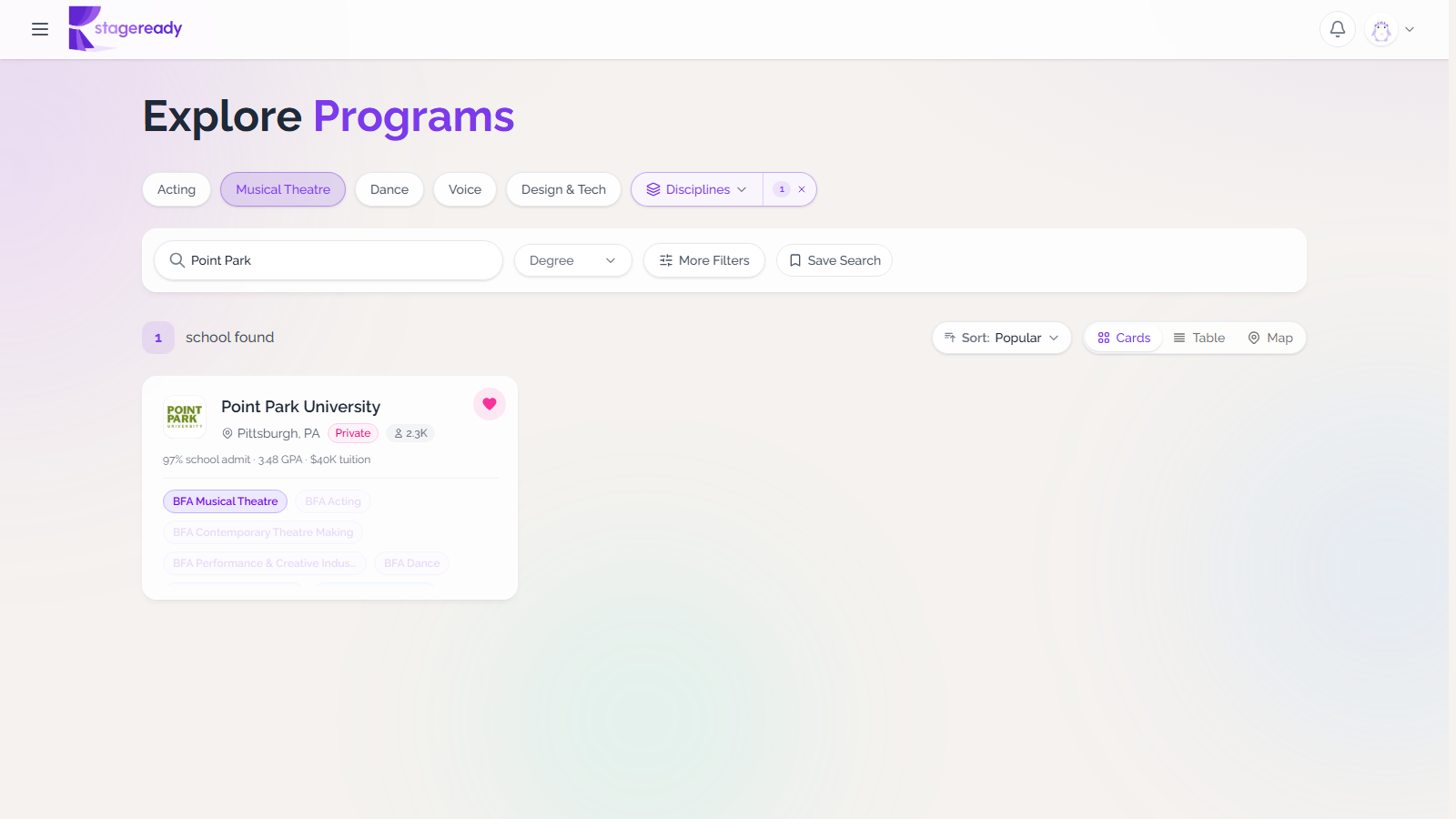 Program browser with Musical Theatre selected as an active discipline filter