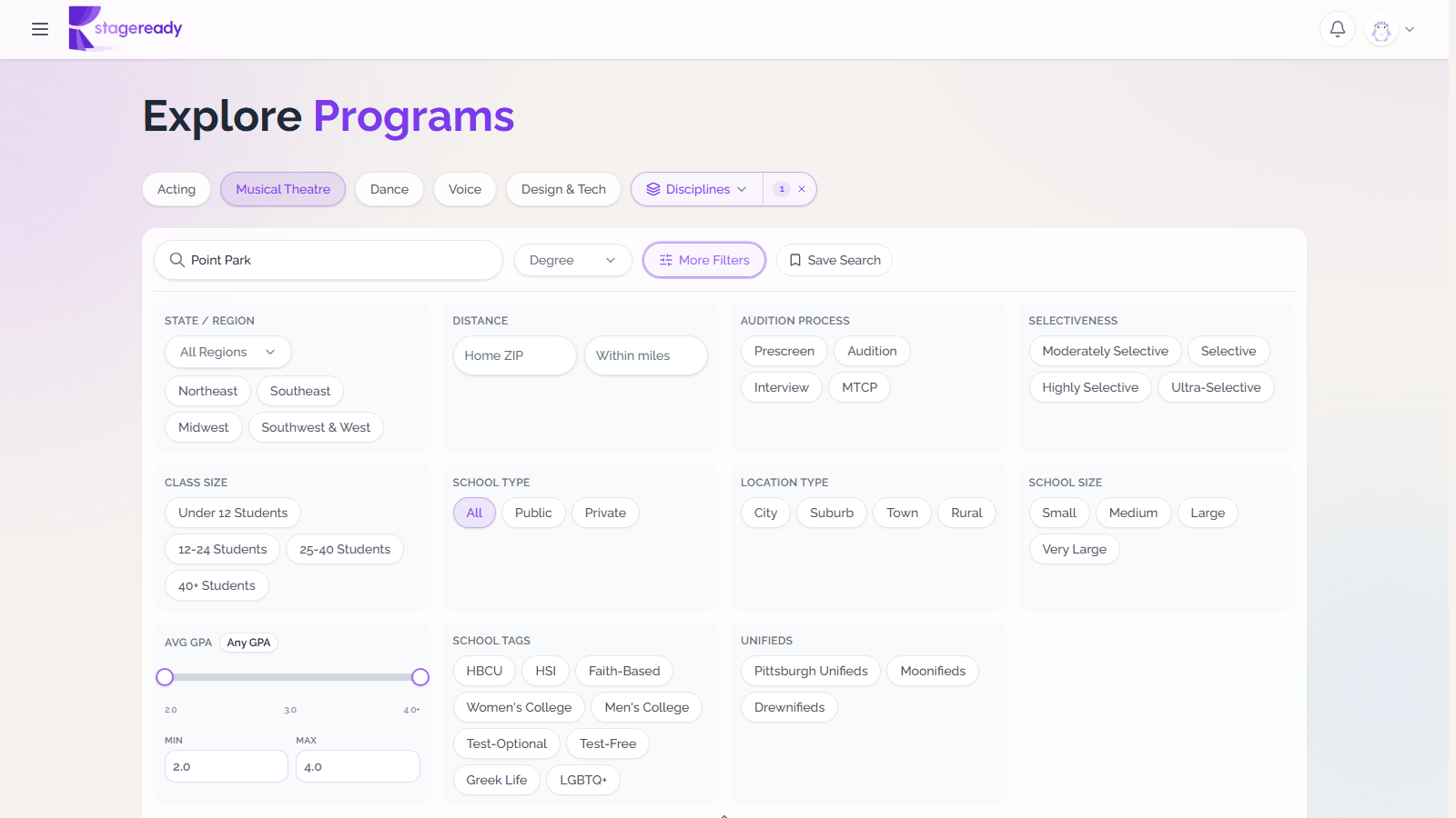 Program browser with More Filters expanded for state, audition process, selectiveness, class size, and school tags