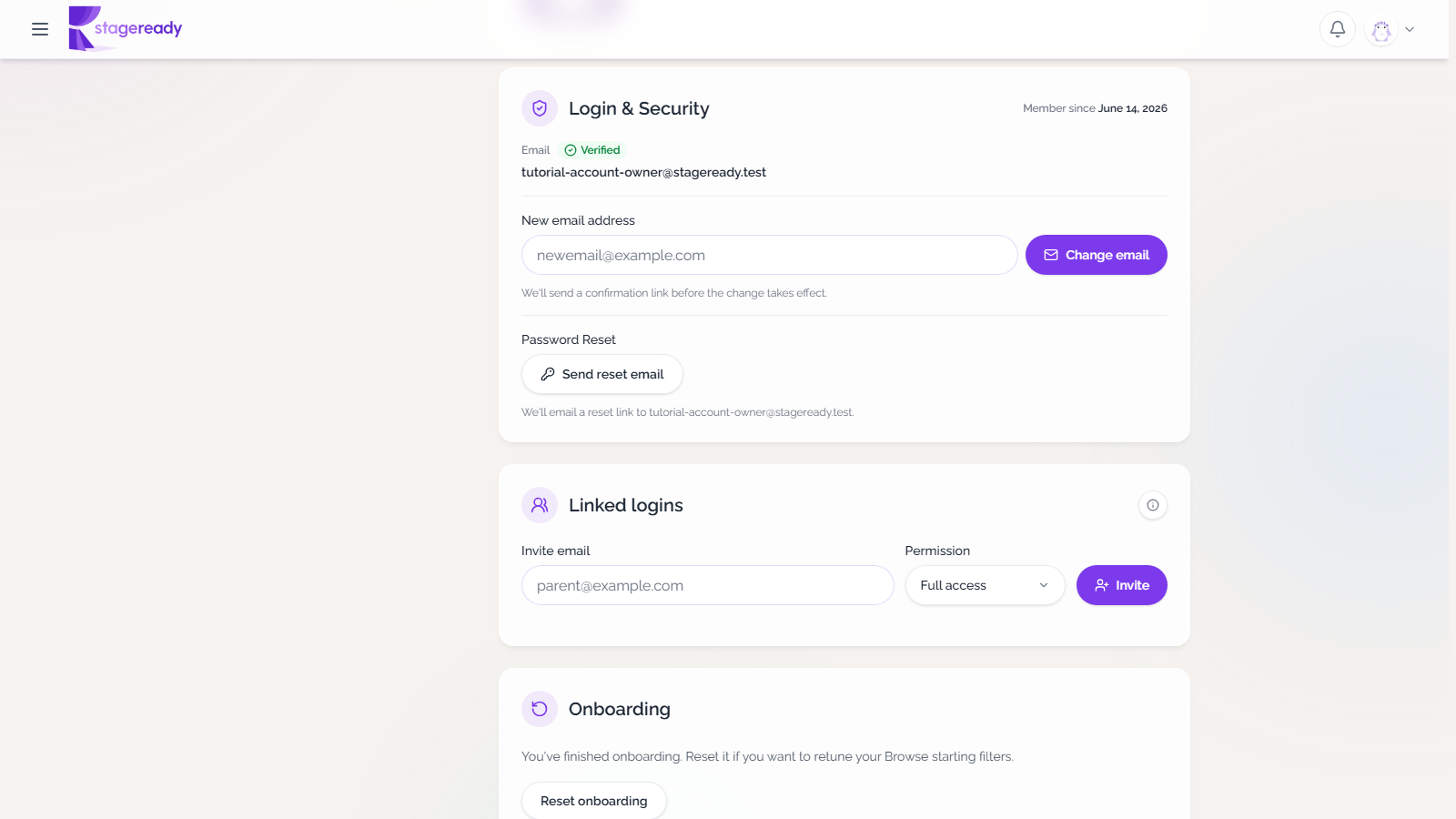 Account settings showing the Linked logins invite form with full access selected