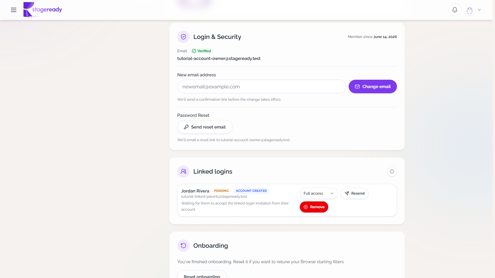 Linked logins section showing a pending invite with full access and resend controls