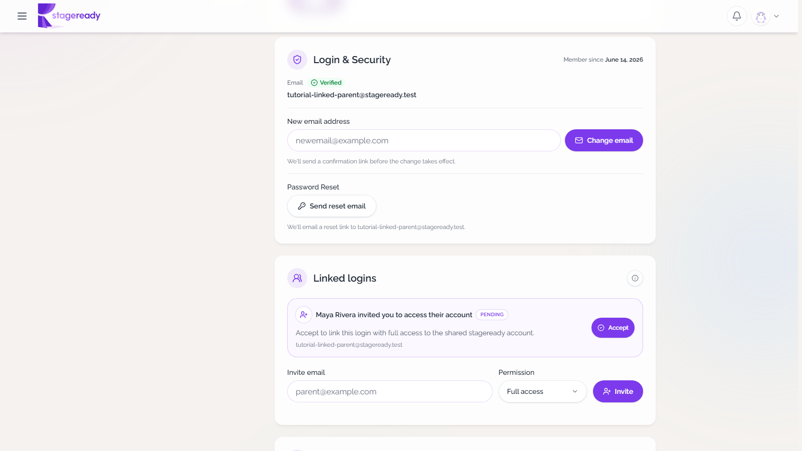 Incoming linked-login invitation card in Account settings with an Accept button