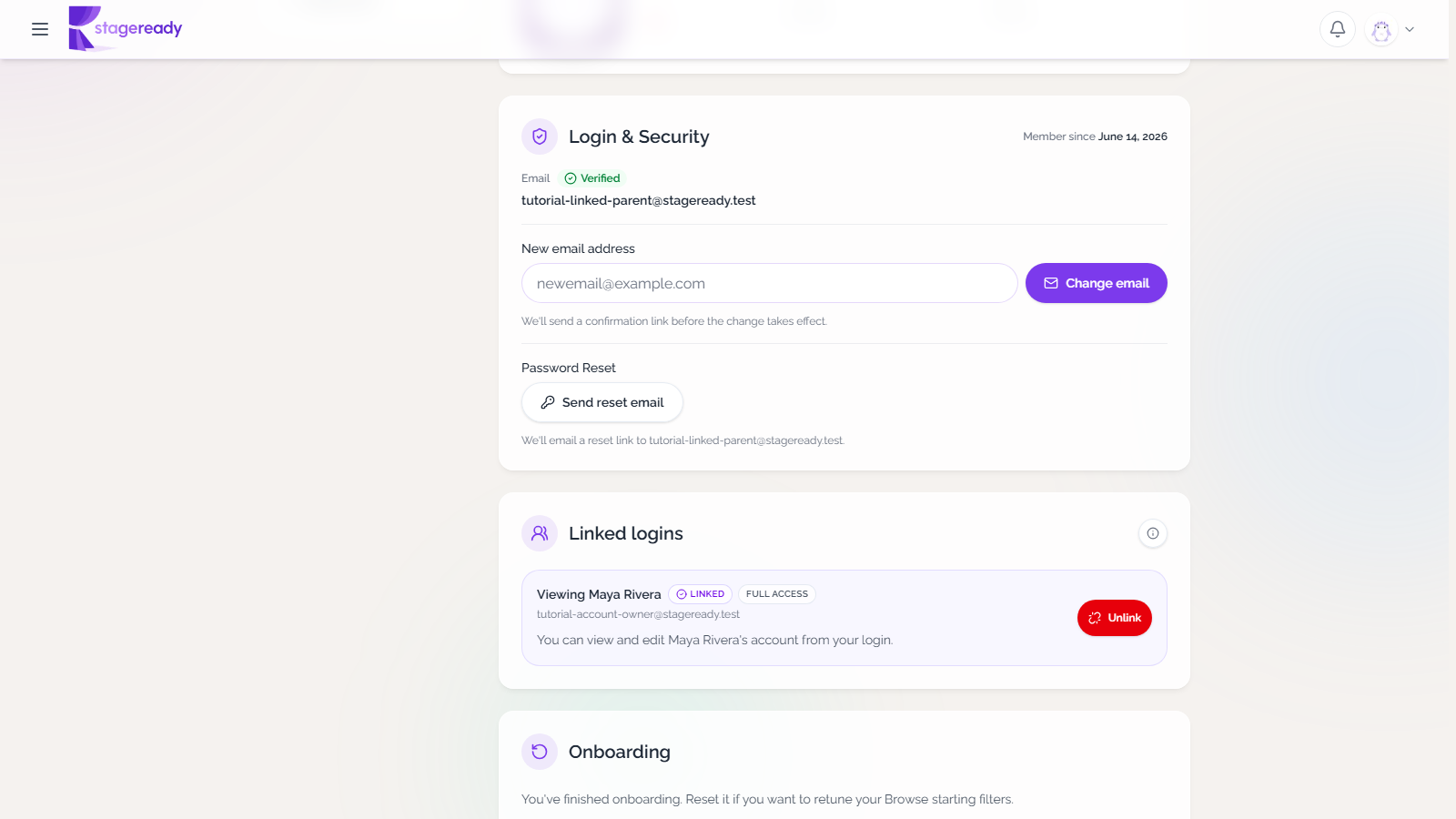 Linked user viewing Maya Rivera's shared account with full access and an Unlink button