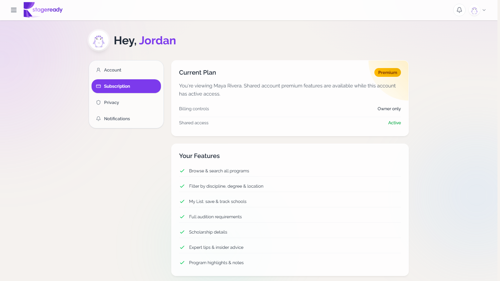 Subscription settings for a shared account showing billing controls owner only and shared access active