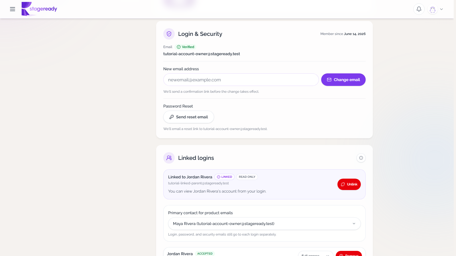 Owner settings showing primary contact for product emails and accepted linked login controls