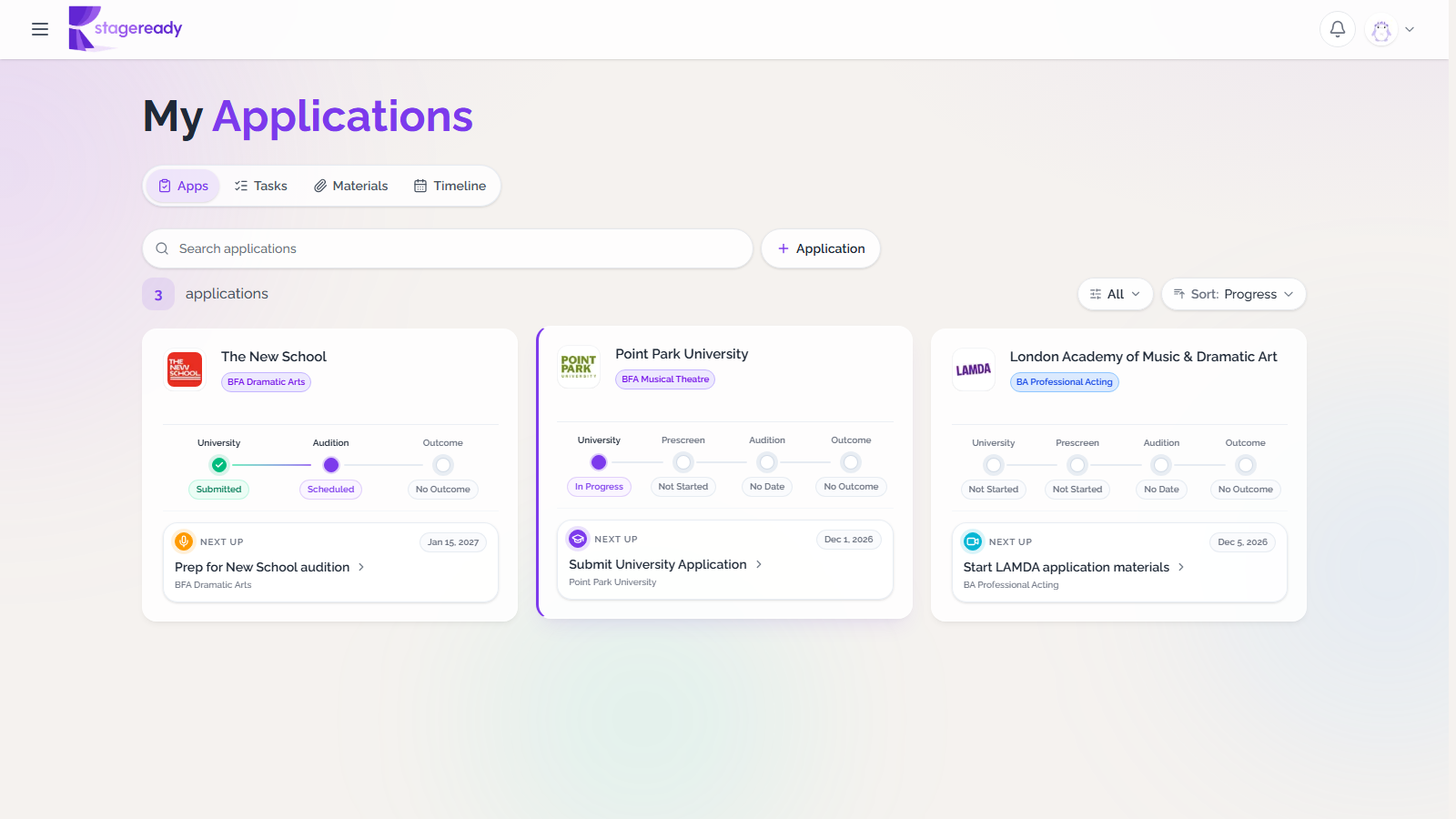 Application tracker showing school cards, statuses, and official logos