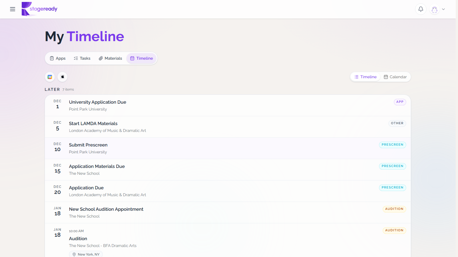 Application timeline showing upcoming due dates, prescreens, materials, and audition events