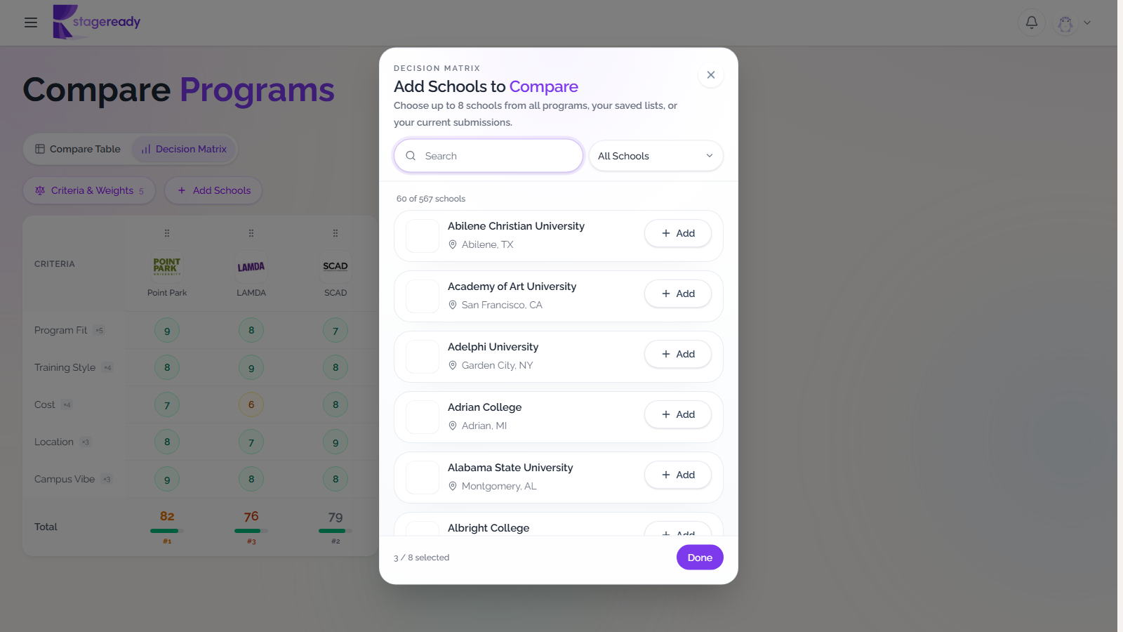 Add Schools to Compare modal with school search, source filter, and add buttons